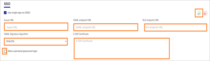 Screenshot shows the Subscription Settings window for S S O with values entered as described in this step.