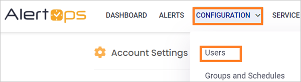 Screenshot shows the AlertOps menu with Users called out.