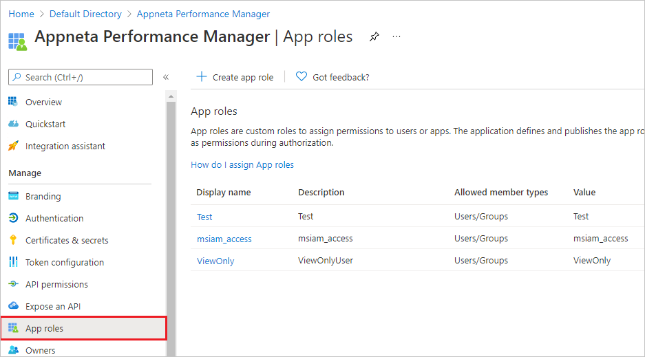 螢幕擷取畫面:顯示應用程式角色,底部包含 Appneta Performance Manager。