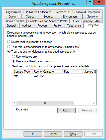 「Citrix ADC SAML Connector for Microsoft Entra 設定：[屬性] 窗格下的 [委派]」的螢幕擷取畫面。