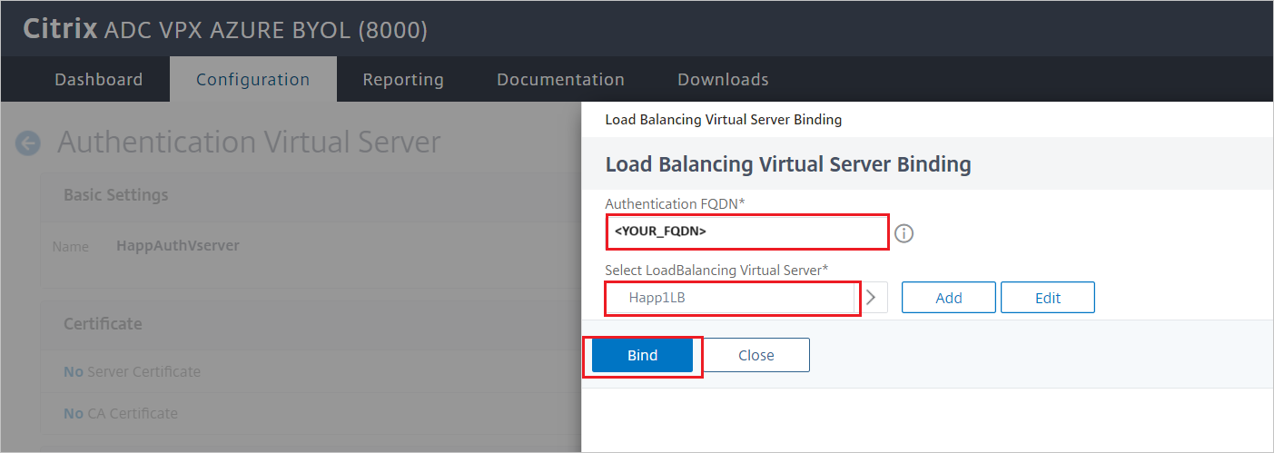 「Citrix ADC SAML Connector for Microsoft Entra 設定：[負載平衡虛擬伺服器繫結] 窗格」的螢幕擷取畫面。