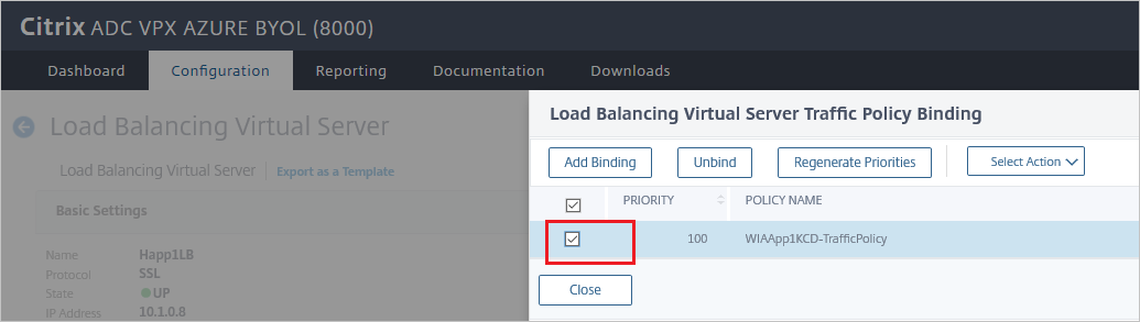 「Citrix ADC SAML Connector for Microsoft Entra 設定：[負載平衡虛擬伺服器流量原則繫結] 窗格」的螢幕擷取畫面。