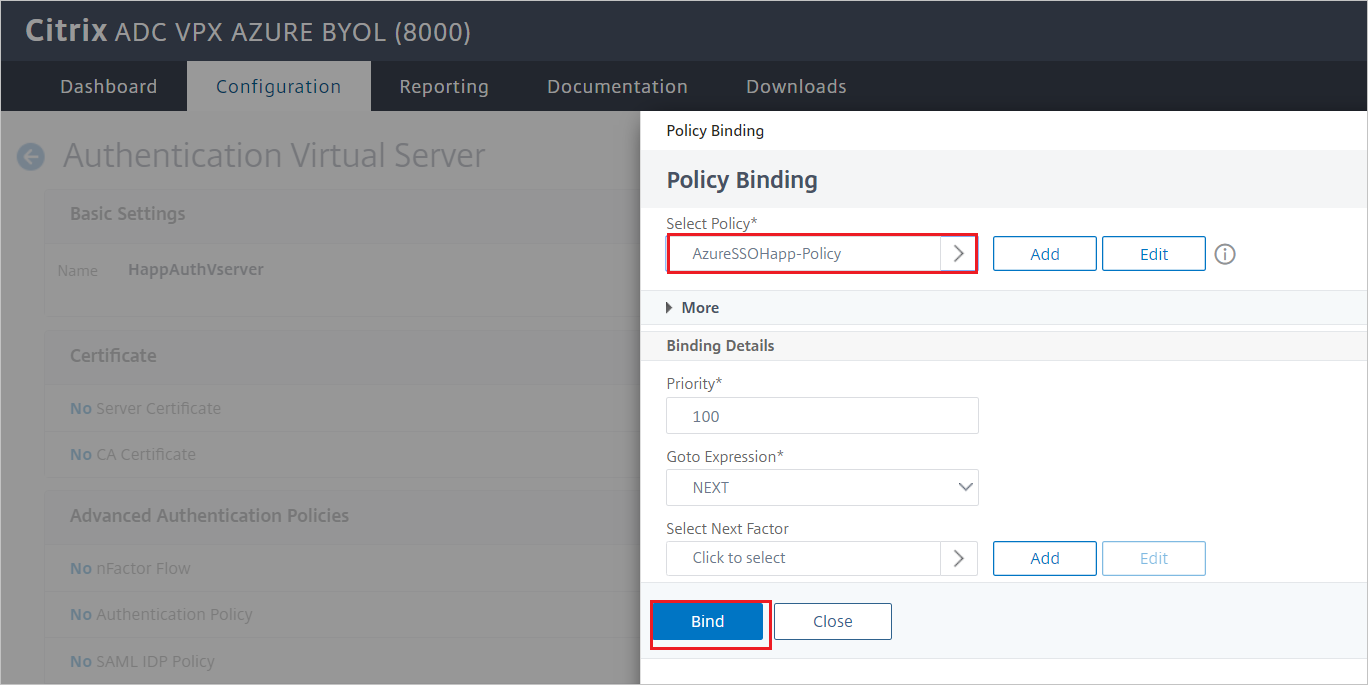 「Citrix ADC SAML Connector for Microsoft Entra 設定：[原則繫結] 窗格」的螢幕擷取畫面