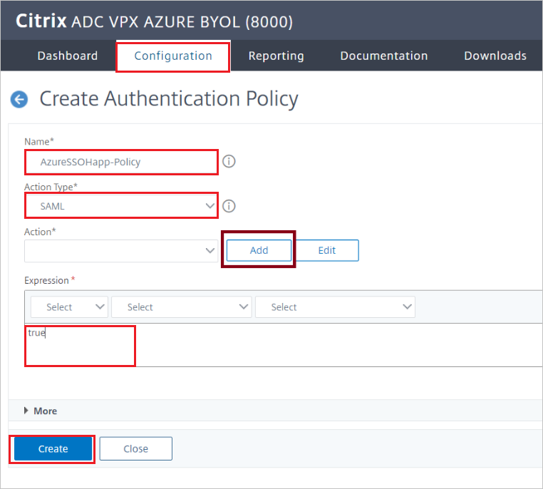 「Citrix ADC SAML Connector for Microsoft Entra 設定：[建立驗證原則] 窗格」的螢幕擷取畫面。