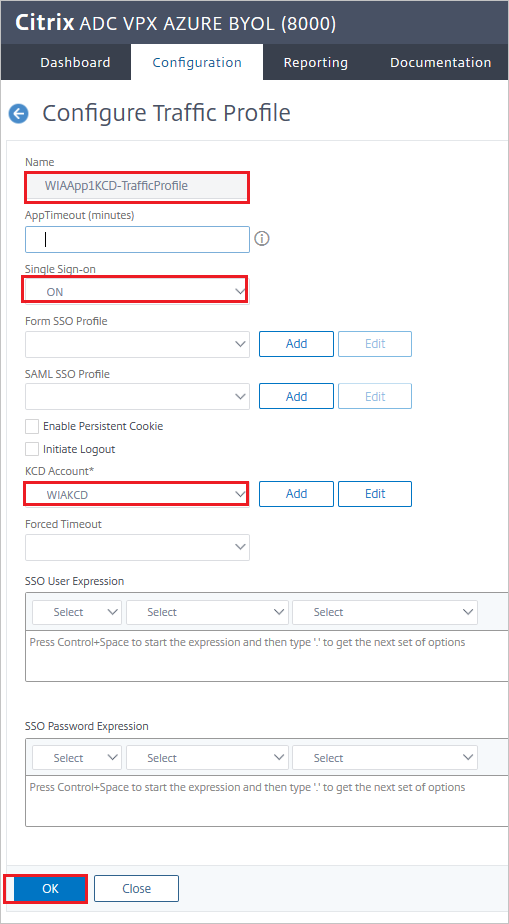 「Citrix ADC SAML Connector for Microsoft Entra 設定：[設定流量設定檔] 窗格」的螢幕擷取畫面。