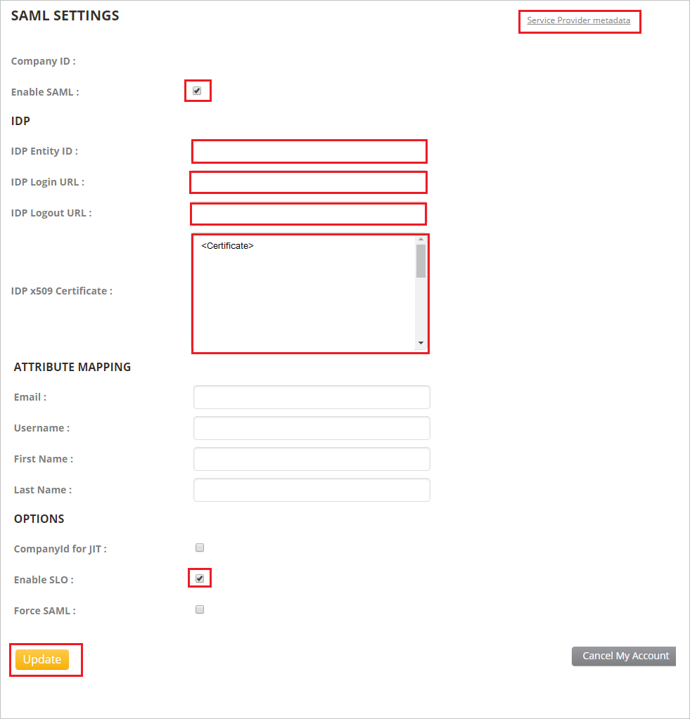 Screenshot of ekarda SAML SETTINGS page with SAML configuration fields highlighted.