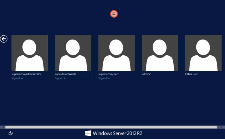 Windows Server 2012 RS 畫面的螢幕擷取畫面,其中顯示一般使用者圖示。管理員、user0 和 user1 的圖示會顯示他們已登入。