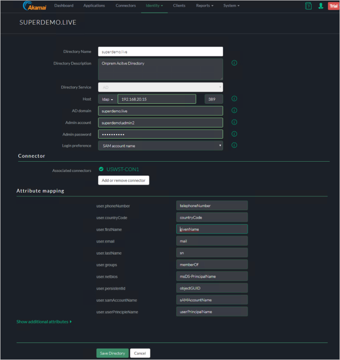 Akamai EAA 主控台 SUPERDEMOLIVE 視窗的螢幕擷取畫面,其中具有 DirectoryName、目錄服務、連接器和屬性對應的設定。