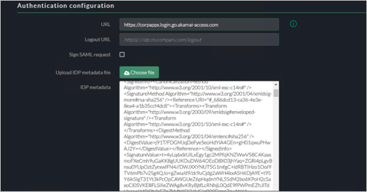 Akamai EAA 主控台驗證組態的螢幕擷取畫面,其中顯示 URL、登出 URL、簽署 SAML 要求和 IDP 中繼資料檔案的設定。