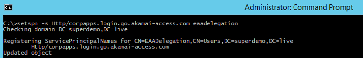 管理員命令提示字元的螢幕擷取畫面,其中顯示命令 setspn -s Http/corpapps.login.go.akamai-access.com eaadelegation 的結果。