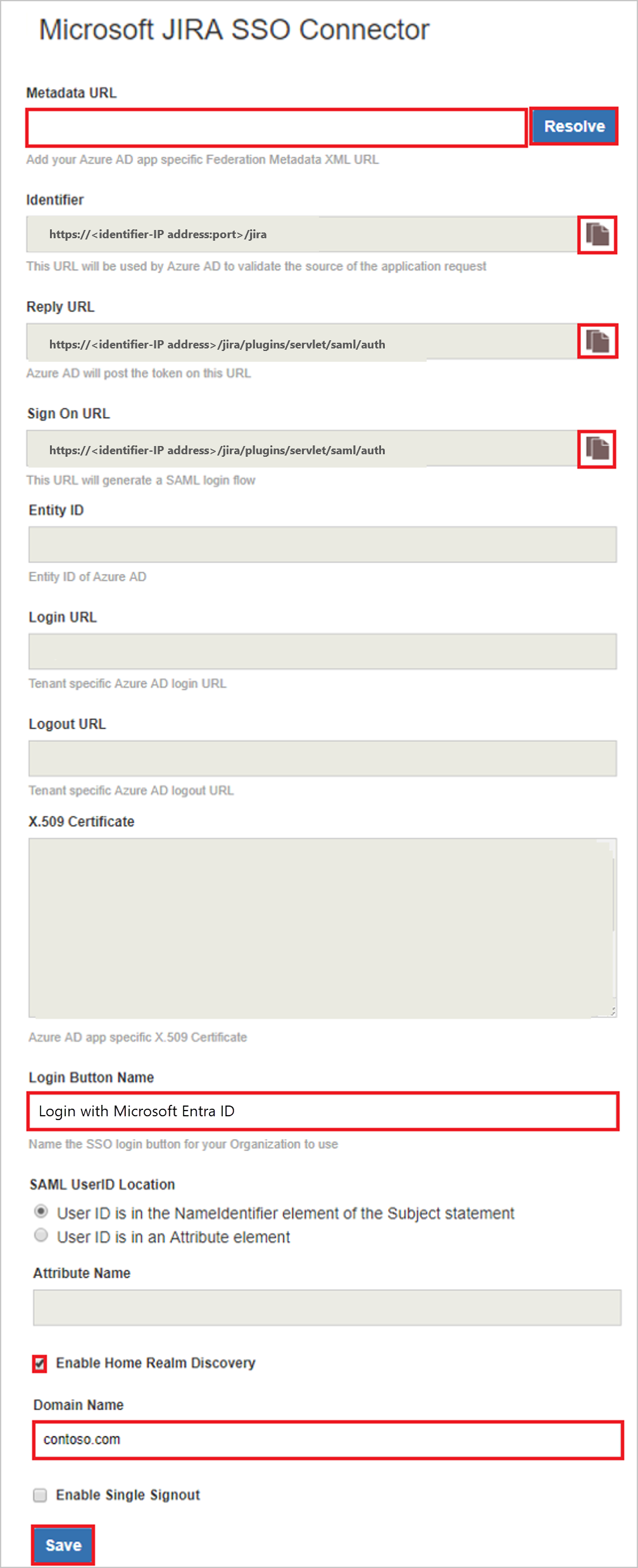 此螢幕擷取畫面顯示 Microsoft Jira SSO 連接器的設定頁面。