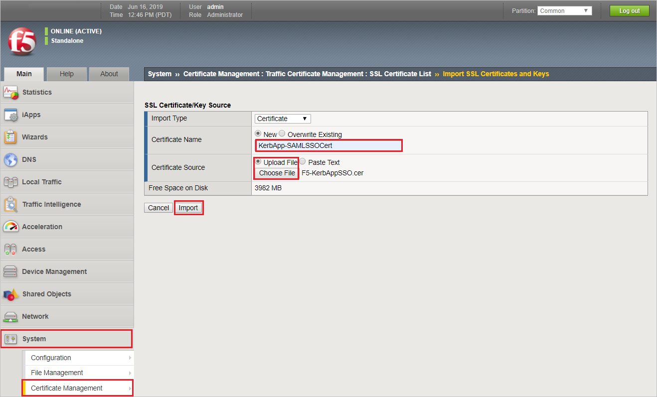 顯示 [S S L 憑證/金鑰來源] 頁面的螢幕快照，其中已醒目提示 [憑證名稱]、[上傳檔案] 和 [匯入] 按鈕。
