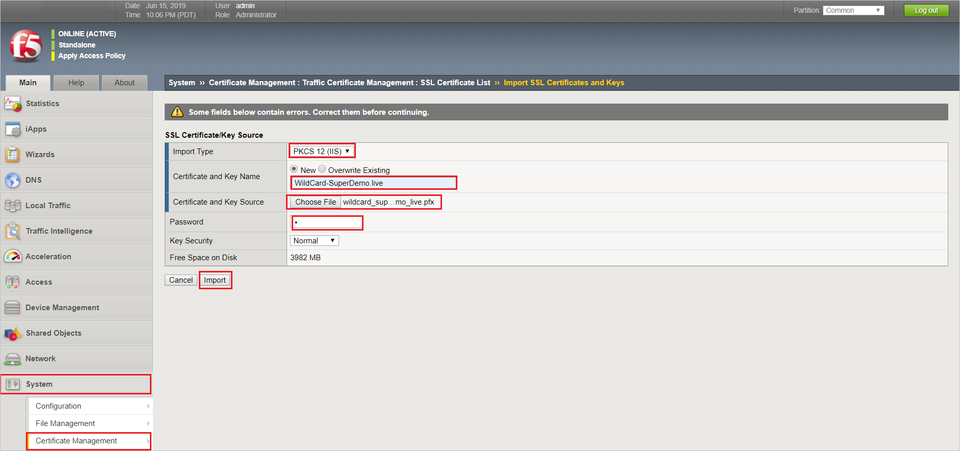 顯示 [S S L 憑證/金鑰來源] 頁面的螢幕快照，其中包含輸入的值，並已選取 [匯入] 按鈕。