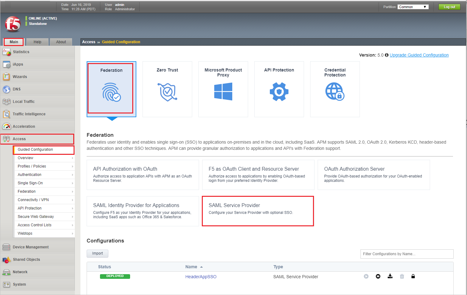 顯示 [引導式設定] 頁面的螢幕快照，其中已醒目提示 [同盟] 圖示，並已選取 [S A M L 服務提供者]。