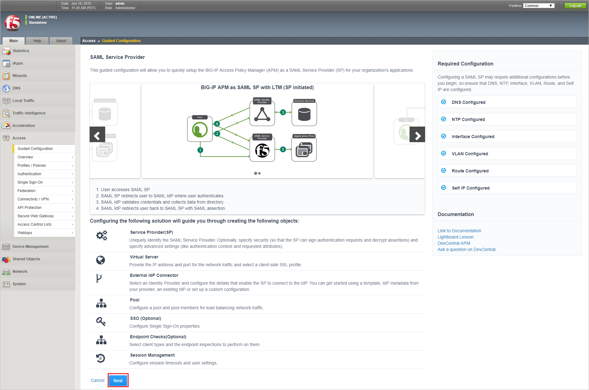 顯示 [引導式設定 - S A M L 服務提供者] 頁面的螢幕快照，並已選取 [下一步] 按鈕。