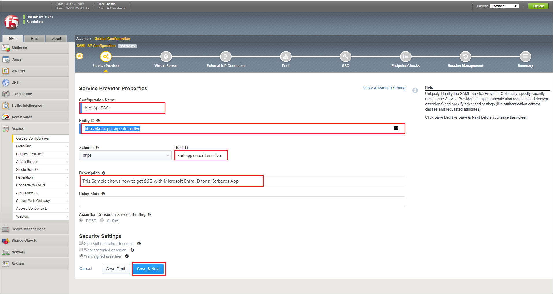 顯示 [服務提供者屬性] 的螢幕快照，其中已醒目提示 [主機名] 和 [描述] 文本框，並已選取 [儲存和下一步] 按鈕。