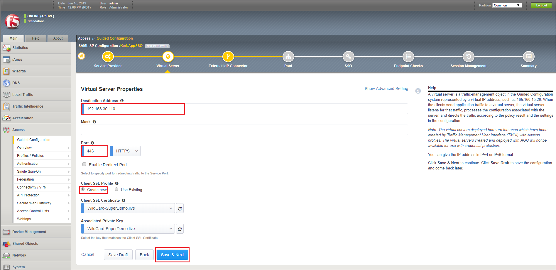 顯示 [虛擬伺服器屬性] 頁面的螢幕快照，其中已醒目提示 [目的地位址] 文本框，並已選取 [儲存和下一步] 按鈕。