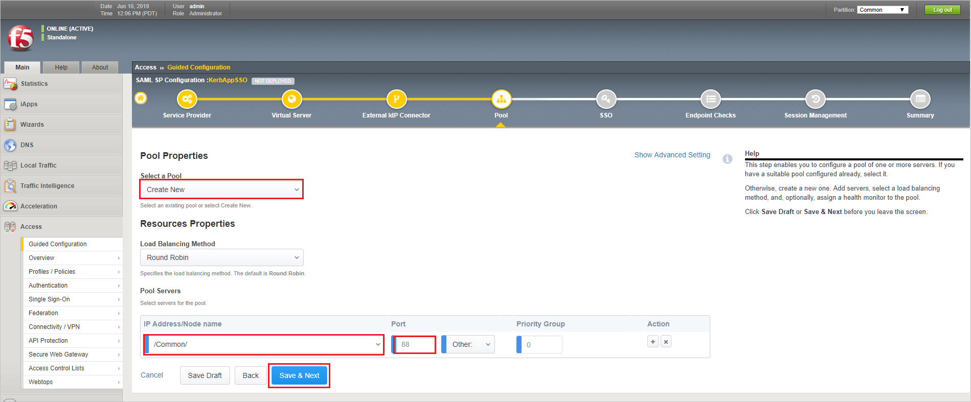 顯示 [集區屬性] 頁面的螢幕快照，其中已醒目提示 [IP 位址/節點名稱] 和 [埠] 文本框，並已選取 [儲存和下一步] 按鈕。