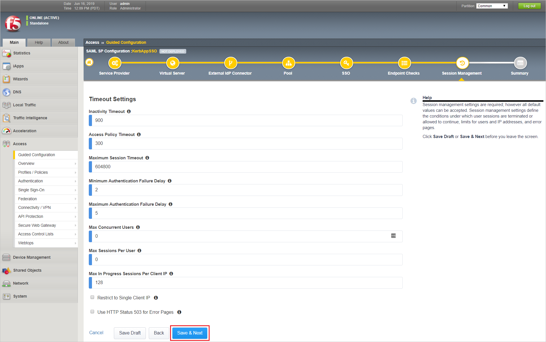 這是顯示[逾時設定]頁面的螢幕截圖，其中選取了[儲存及下一步]按鈕。