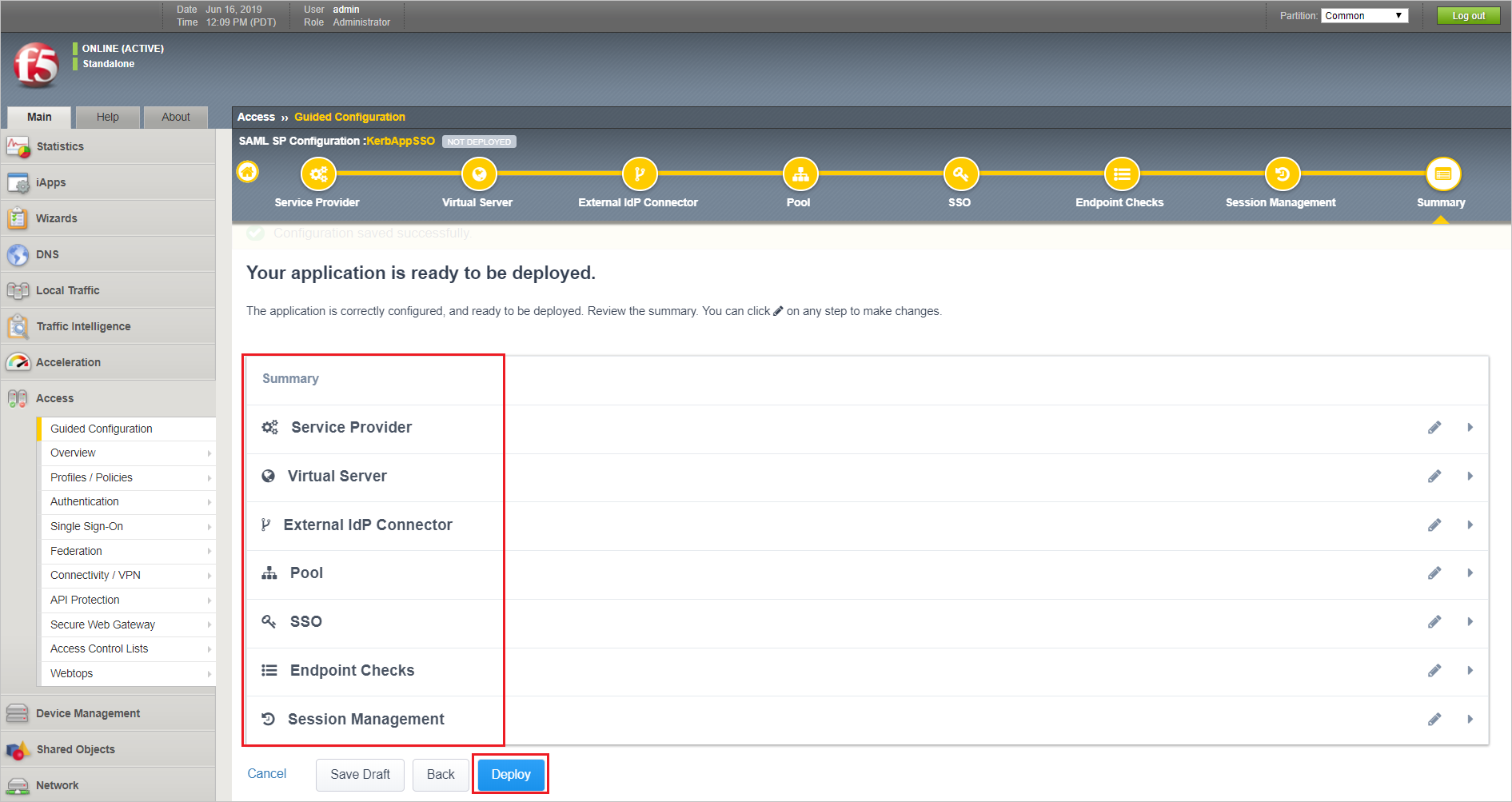顯示 [您的應用程式已準備好部署頁面] 的螢幕快照，其中已醒目提示 [摘要] 區段，並已選取 [部署] 按鈕。