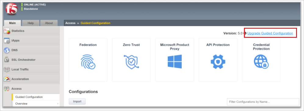 顯示 [引導組態] 頁面的螢幕快照，並已選取 [升級引導組態] 動作。