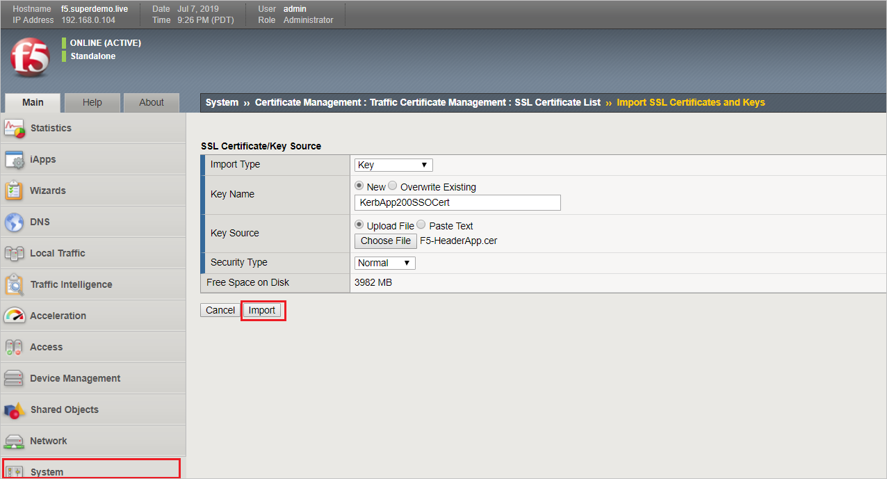 此螢幕快照顯示已選取 [匯入] 按鈕的 [匯入 S S L 憑證/金鑰來源] 頁面。