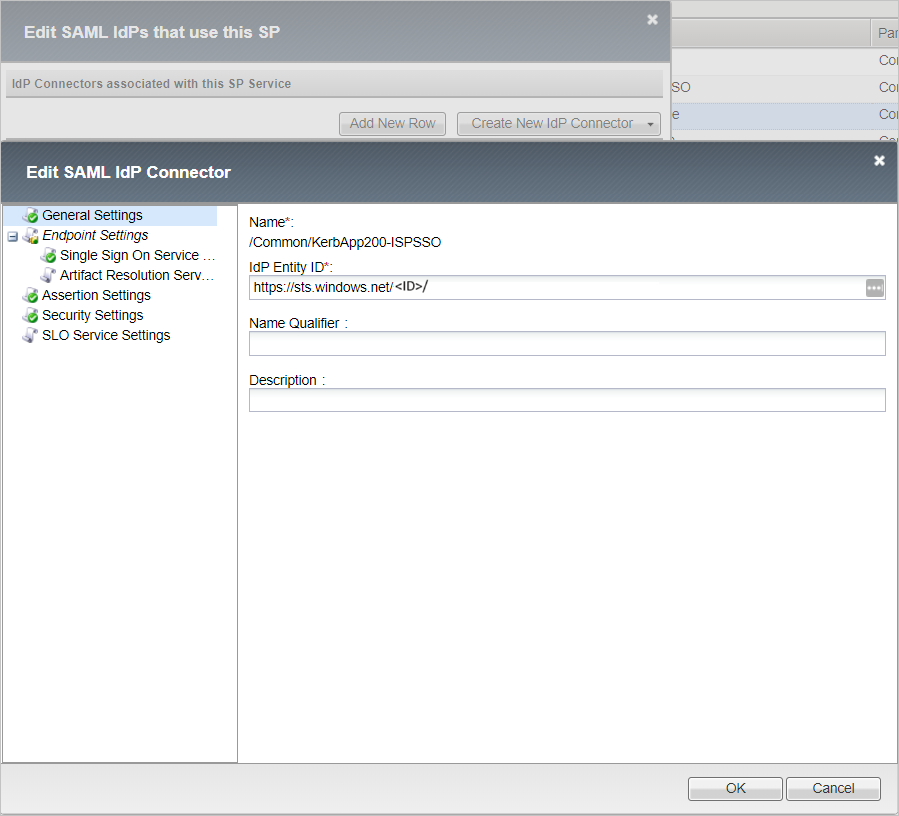 此螢幕快照顯示已選取 [一般設定] 的 [編輯 S A M L I d P 連接器] 視窗。