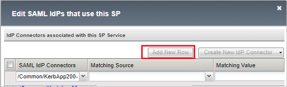 此螢幕快照顯示已選擇 [新增資料列] 按鈕的「編輯使用此 S P 的 S A M L IdPs」視窗。