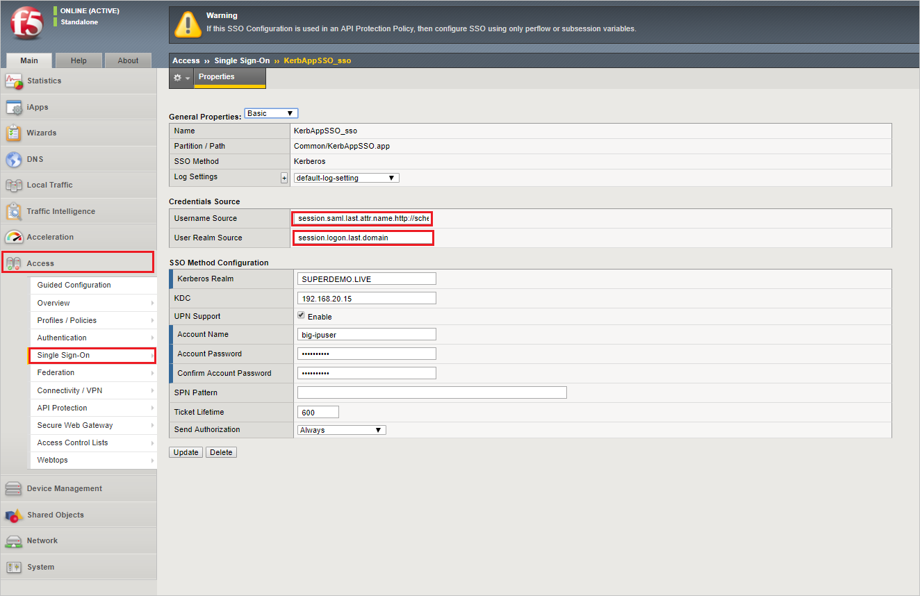 此螢幕快照顯示 [單一 Sign-On - 屬性] 頁面，並已突出顯示 [使用者名稱來源] 和 [使用者領域來源] 文本框。
