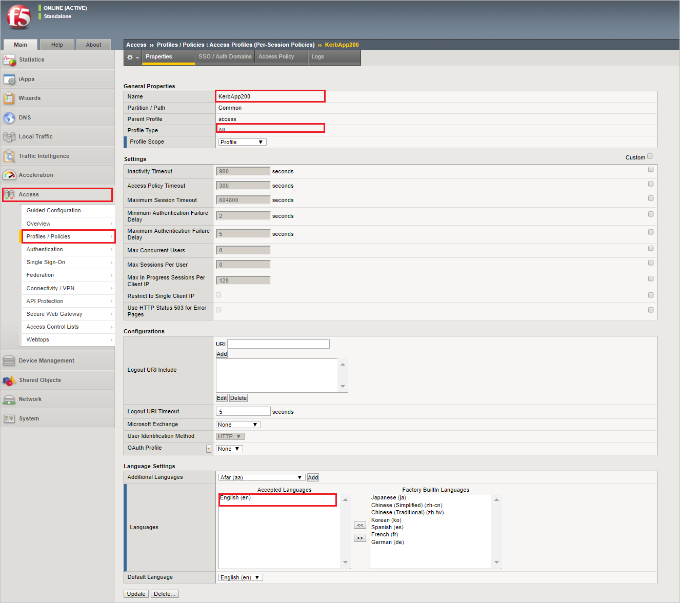 此螢幕快照顯示醒目提示 [名稱]、[配置檔類型] 和 [語言] 文本框的 [配置檔/原則 - 屬性] 頁面。