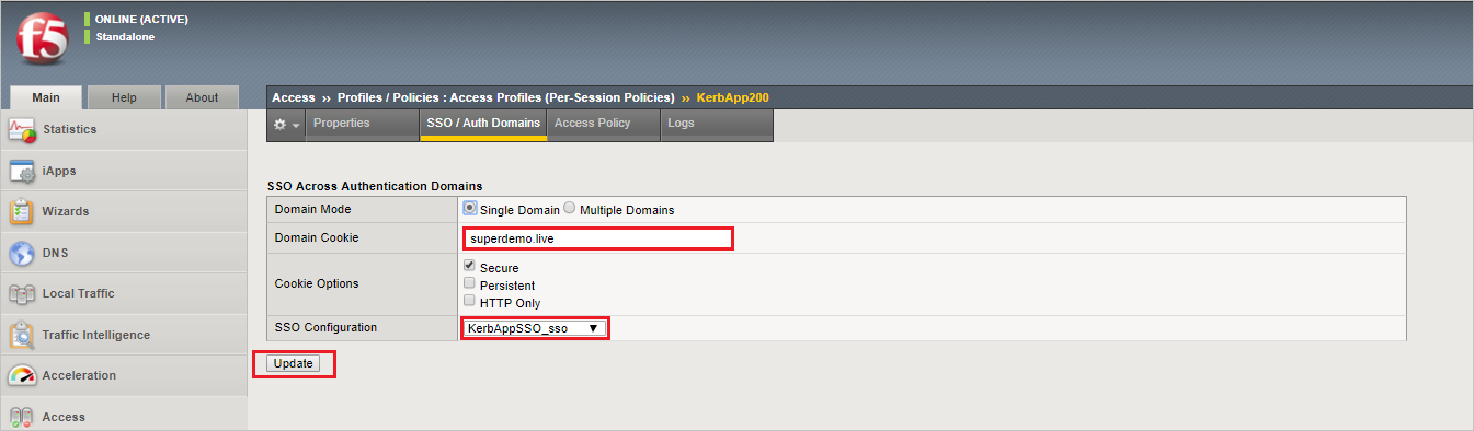 顯示 [S S D/驗證網域] 頁面的螢幕快照，其中已醒目提示 [網域 Cookie] 文本框和 [S O 組態] 下拉式清單，並已選取 [更新] 按鈕。