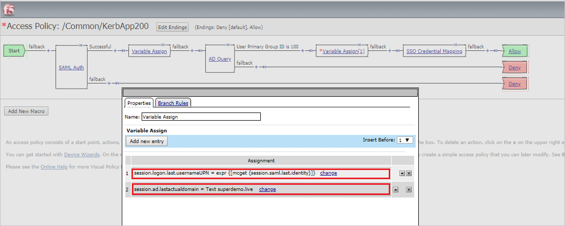 顯示 [存取原則] 頁面和 [變數指派] 對話框的螢幕快照，其中已醒目提示 [指派] 文本框。