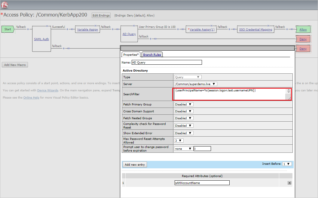 顯示 [存取原則] 頁面和 [Active Directory] 對話框的螢幕快照，其中已醒目提示 [SearchFilter] 文本框。