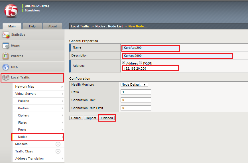 顯示 [新增節點] 頁面的螢幕快照，其中已醒目提示 [名稱]、[描述] 和 [位址] 文本框，並已選取 [已完成] 按鈕。