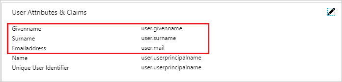 螢幕擷取畫面:顯示 Givenname、Surname 和 Emailaddress 屬性。