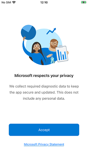 Microsoft Authenticator 應用程式歡迎畫面的螢幕快照，其中包含 [接受] 按鈕，以同意條款及條件。