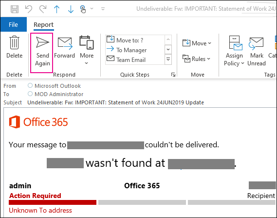在其他日誌信箱的 NDR 上，使用 Outlook 中的 [再次傳送] 功能。