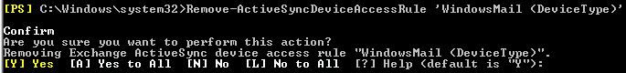 此螢幕快照顯示執行 Remove-ActiveSyncDeviceAccessRule Cmdlet 的範例。