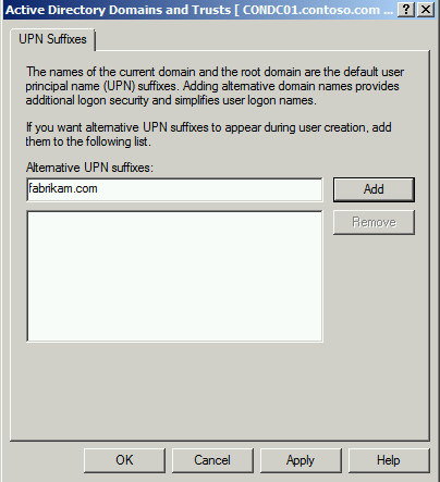 [Active Directory 網域與信任] 視窗中 [U P N 後綴] 索引標籤的螢幕快照。