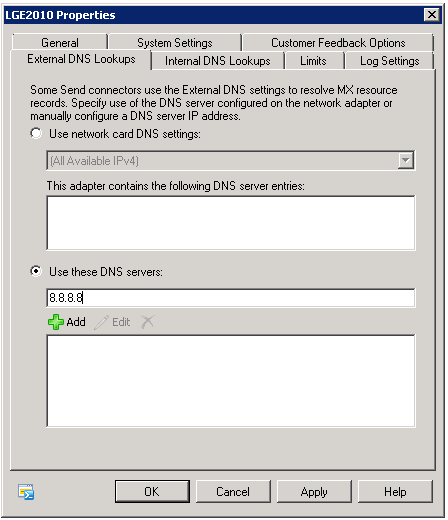 在 [外部 DNS 查閱] 設定中新增公用 DNS 伺服器 IP 位址的螢幕快照。