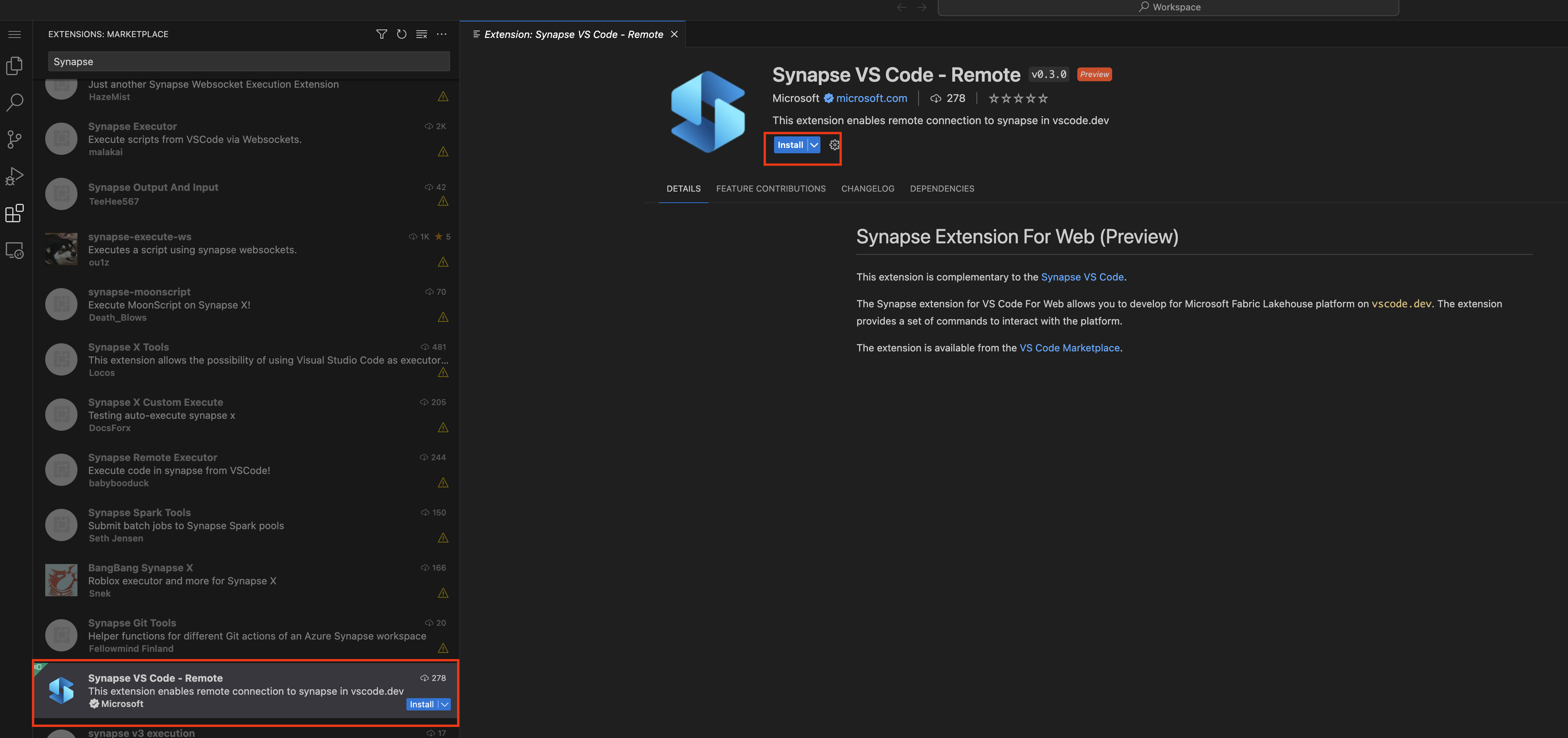 顯示 Synapse VS Code 擴充功能 Web 安裝的螢幕快照。