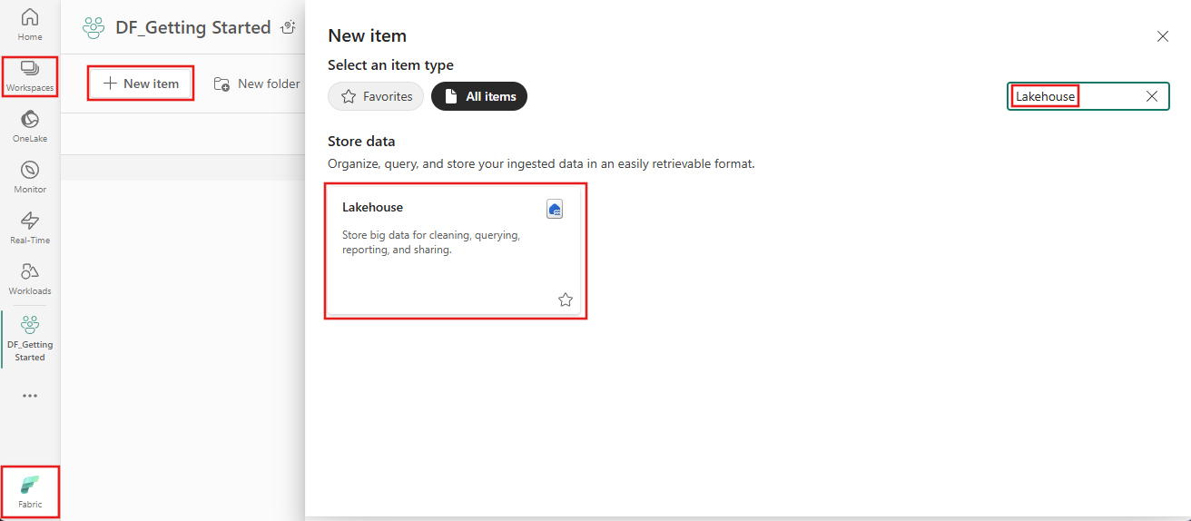 顯示建立新 Lakehouse 位置的螢幕快照。