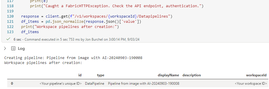 顯示建立管線之後筆記本輸出的螢幕快照。