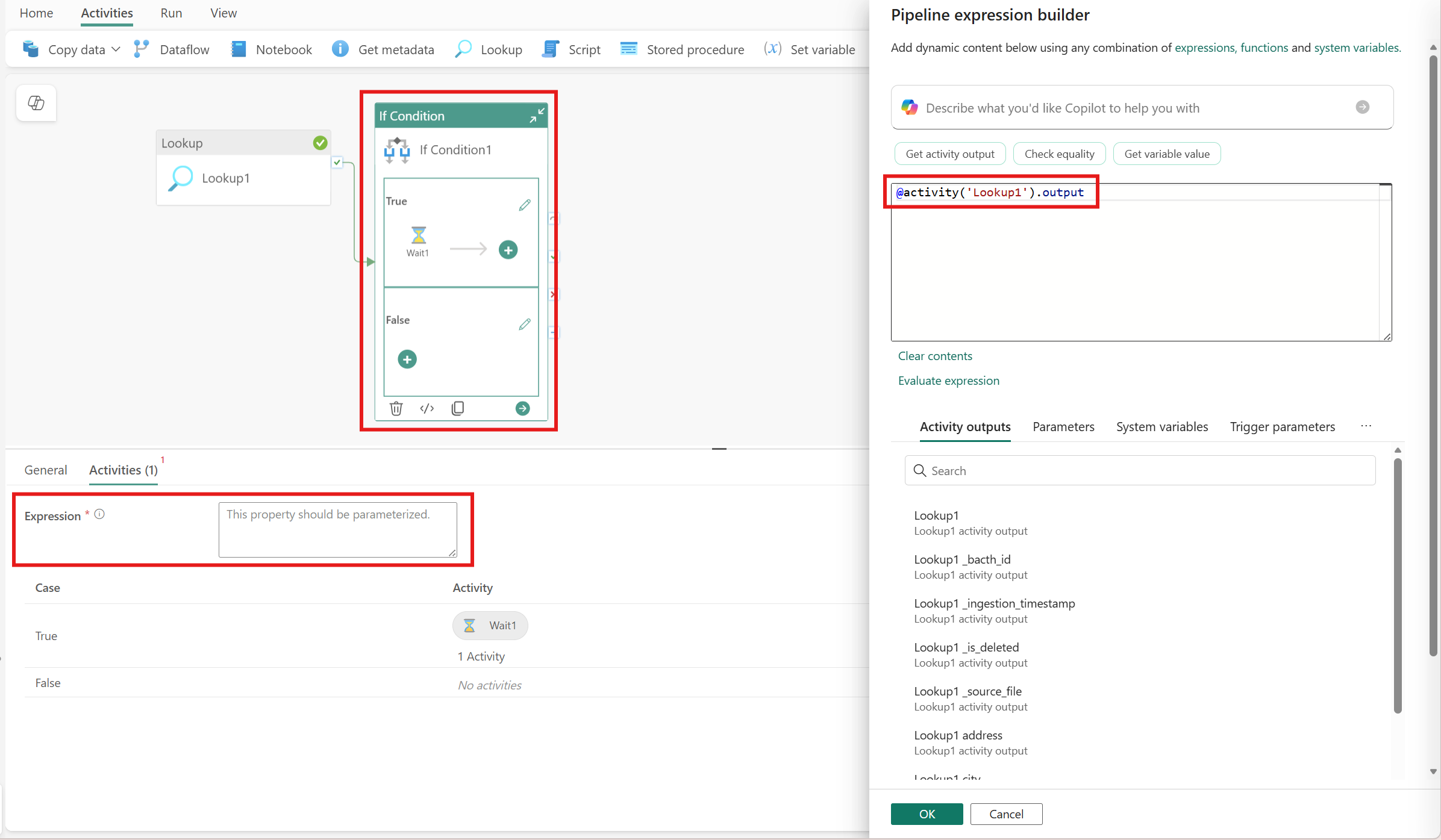 截圖顯示如何使用 Lookup 活動的輸出。