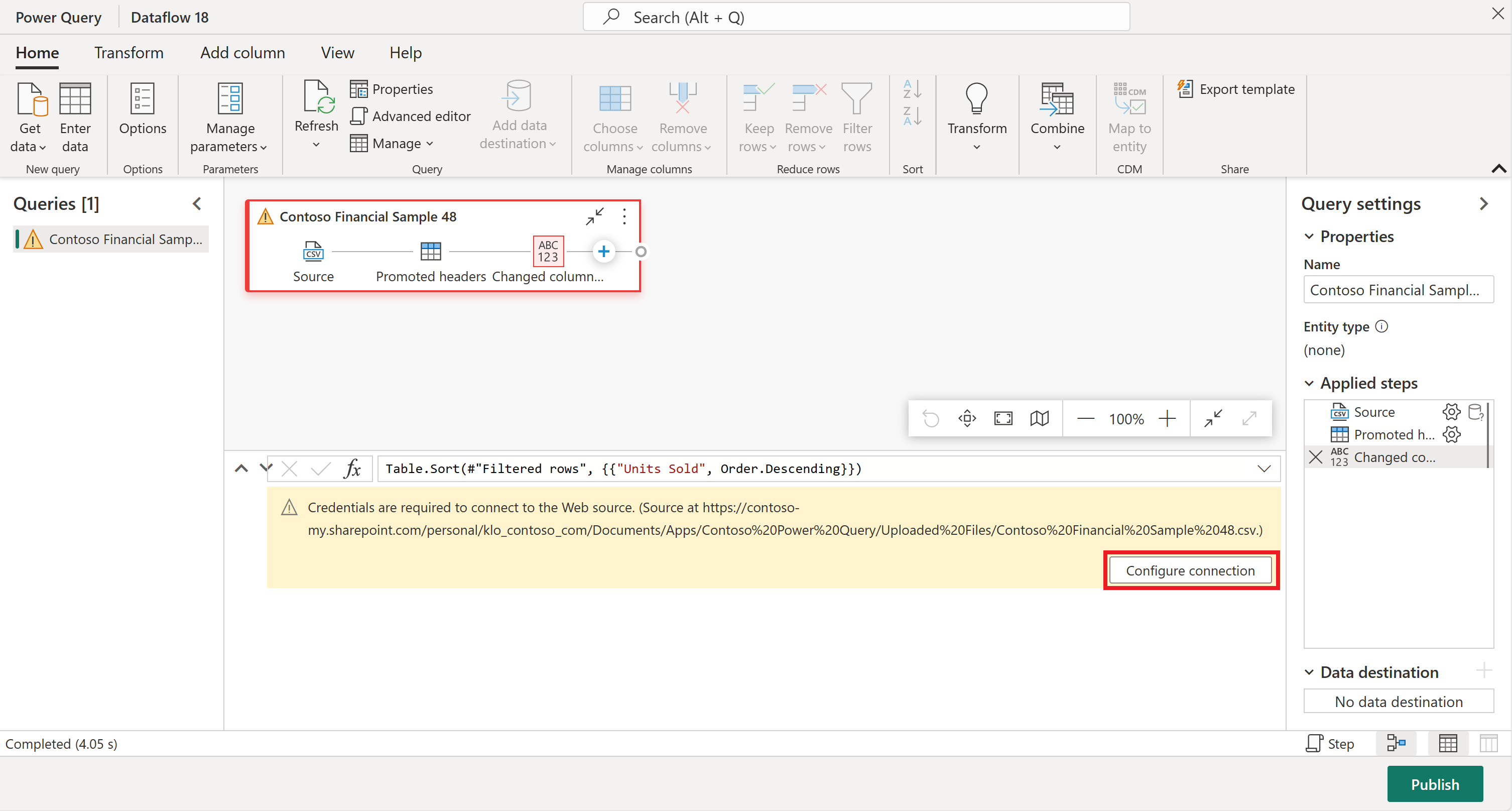 螢幕擷取畫面,其中顯示強調「設定」連線的 Power Query 編輯器。