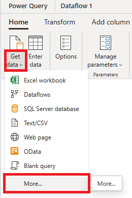 顯示 [取得資料] 的下拉選單螢幕擷取畫面。