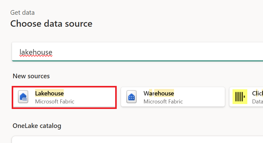 顯示 Microsoft Fabric 中的 Lakehouse 選項的螢幕擷取畫面。