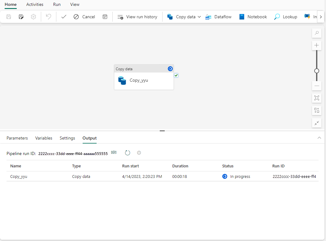 螢幕擷取畫面顯示已建立的管線，包含複製活動，以及目前正在進行的作業。