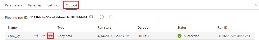 螢幕擷取畫面顯示管線 [輸出] 索引標籤上的執行詳細資料按鈕。
