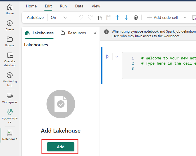 如何將 Lakehouse 新增至筆記本的螢幕快照。